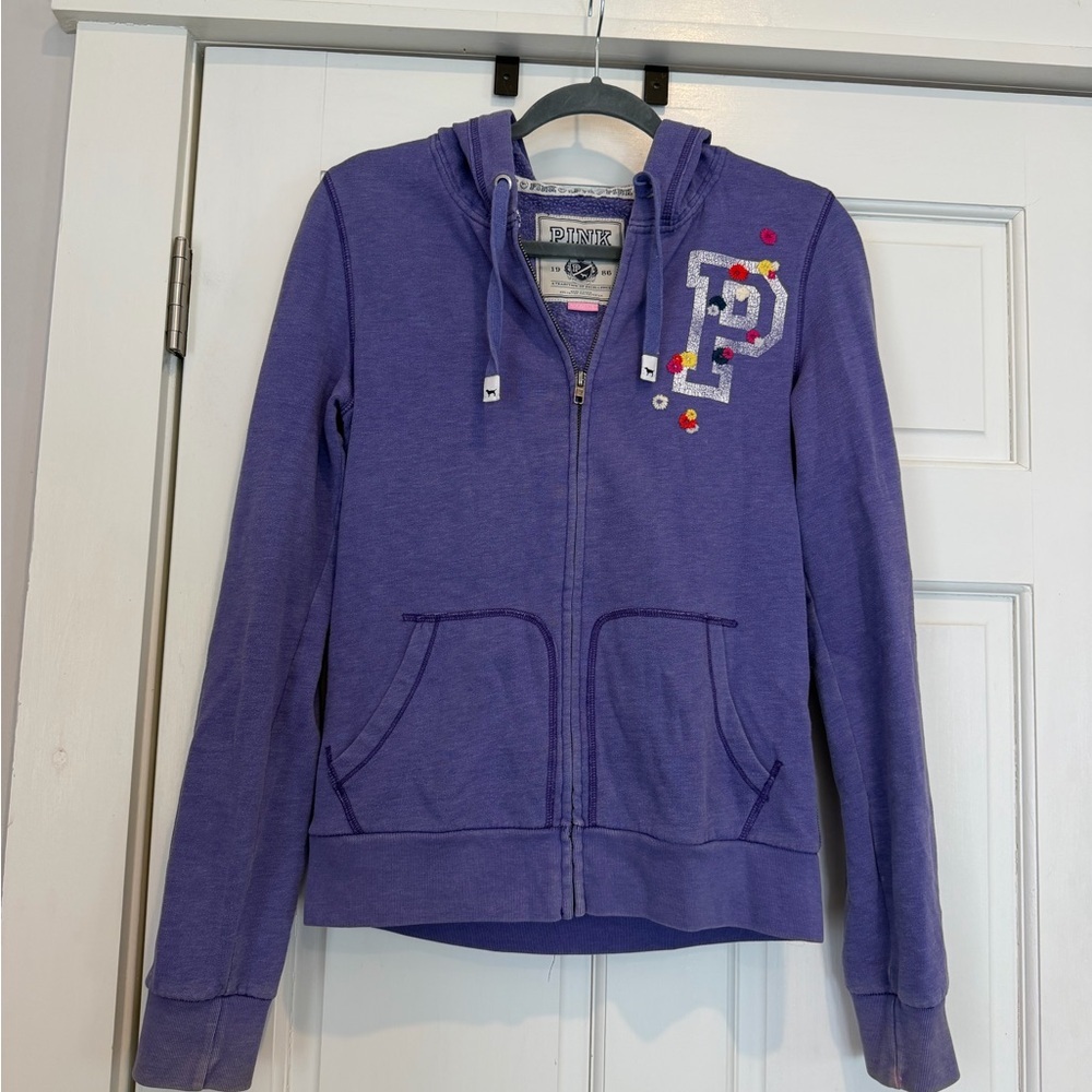 Y2K PINK Victoria's Secret Purple Zip-Up Hoodie with Embroidered 'P'